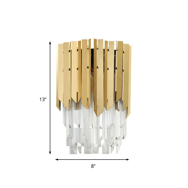 Modern Brass Wall Mount Light With Clear Crystal Prism - 2 Headed Lighting For Bedroom