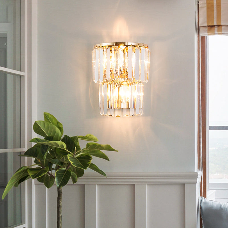 Contemporary 2-Light Crystal Block Wall Lamp: Elegant Clear Sconce For Dining Room