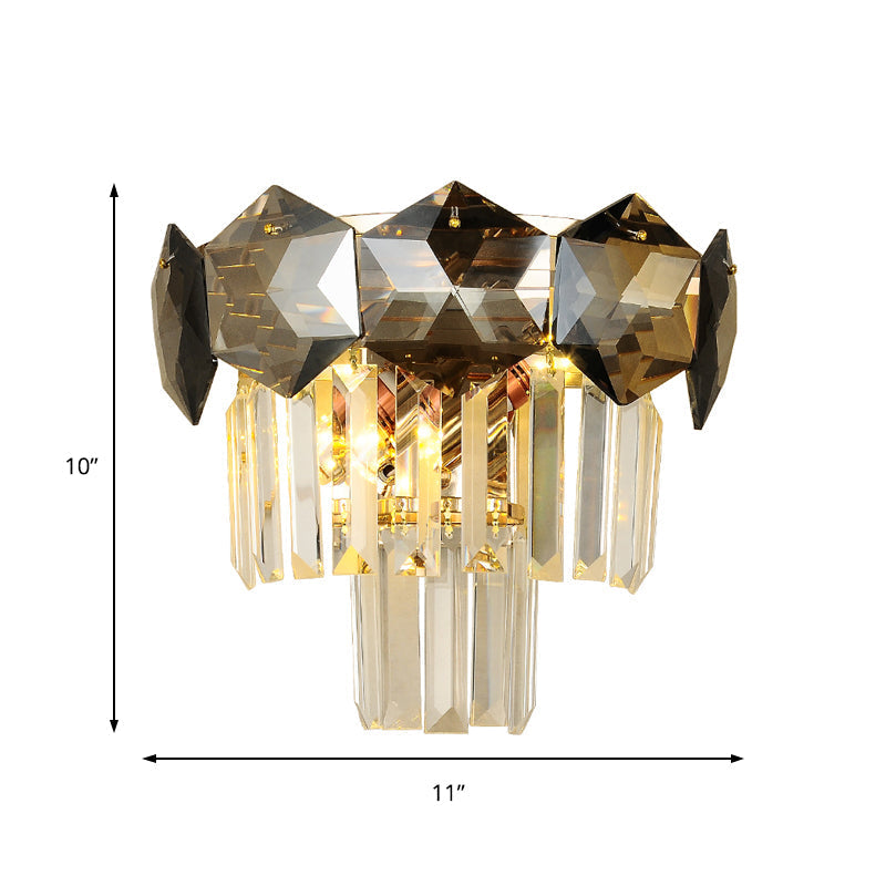 Smoke Gray Vintage Faceted Wall Sconce With Modernist Design - 2 Bulbs Light Fixture For Restaurants
