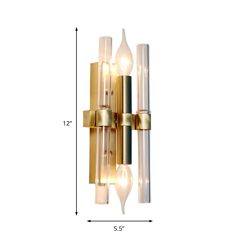 Vintage Style Metal Candle Wall Sconce With Clear Crystal Pipe - Set Of 2 Bulbs In Brass Finish