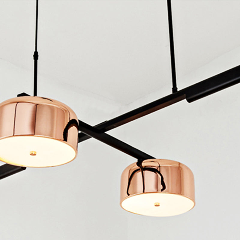 Linear Modernist Island Pendant Light With 4 Drum Shades In Black/Rose Gold