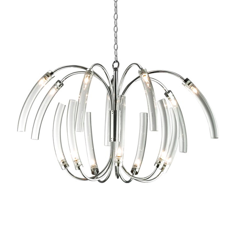 Contemporary Curved Tube Chandelier Lamp - Clear Glass 16/24 Lights Chrome Fixture