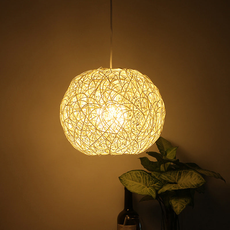 Country Style Rattan Orb Pendant Ceiling Light In Beige - Rustic One-Light Hanging Lighting