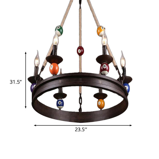 Industrial Ring Chandelier with Rustic Rope and Billiard Ball Deco - 6 Bulbs Metallic Pendant Light Fixture