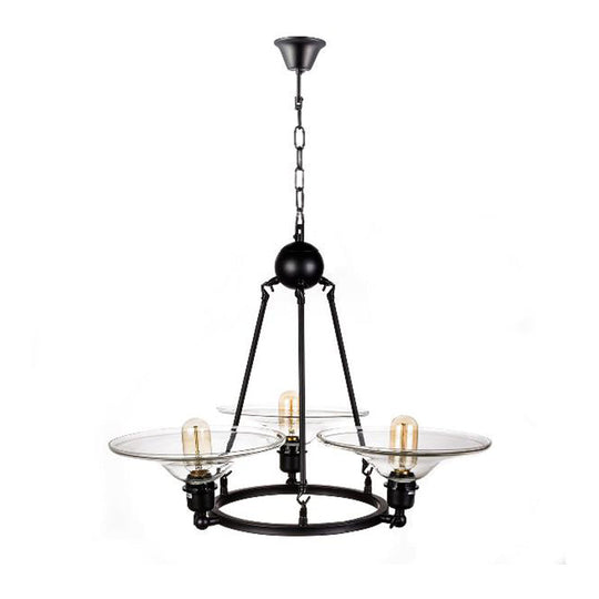 Antique Black Chandelier With Clear Glass Cone Pendant - 3-Light Fixture For Living Room