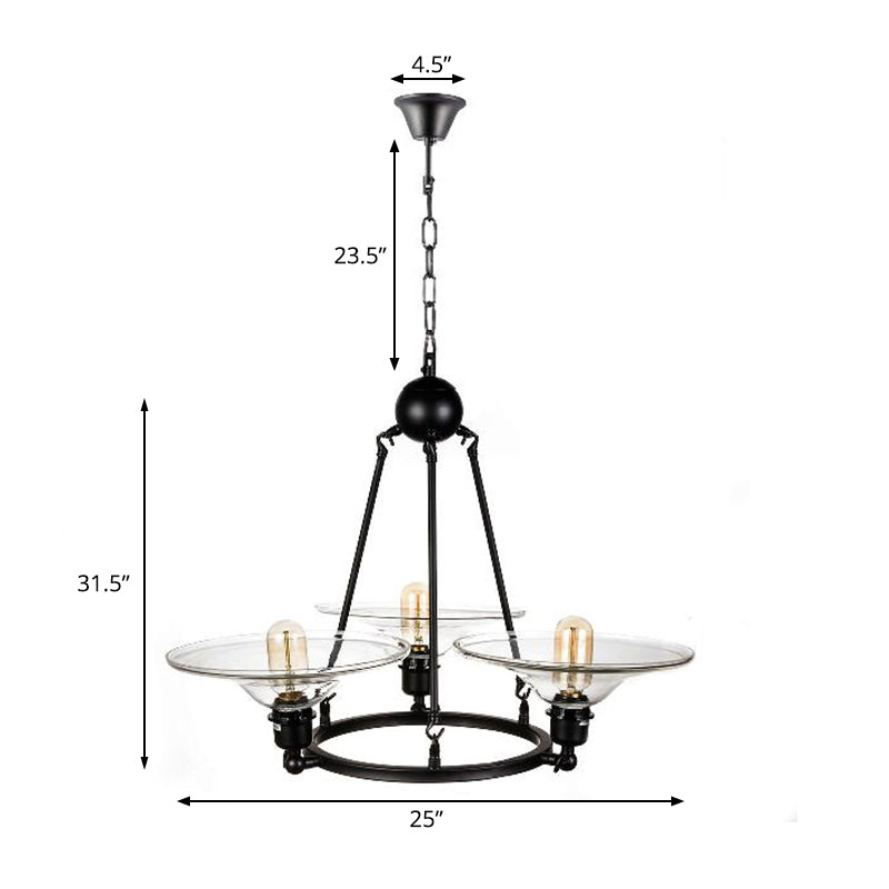 Antique Black Chandelier - 3-Light Clear Glass Cone Pendant Lamp for Living Room