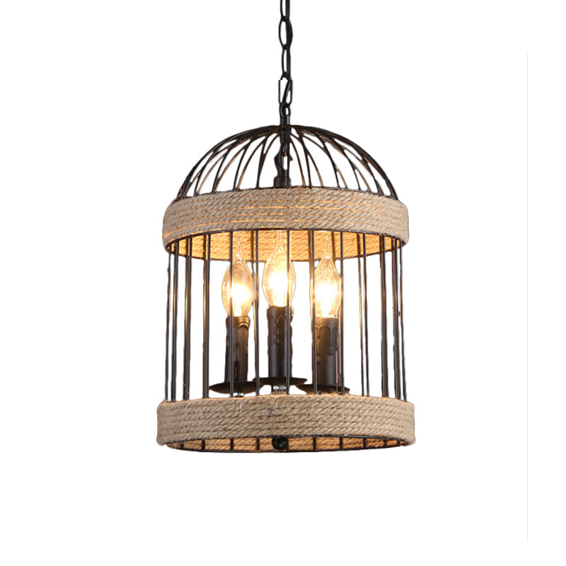 Vintage Black Birdcage Ceiling Light With Metal And Rope Hanging - 3 Bulb Lamp For Dining Room