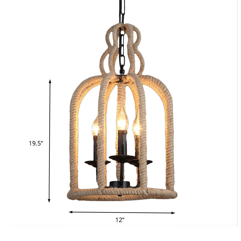 3-Head Retro Birdcage Rope Pendant Light In Brown - Dining Room Lamp Fixture