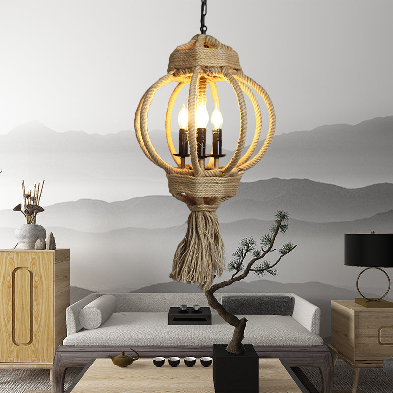 Country Style Hemp Rope Chandelier: 3-Bulb Lantern Cage Hanging Lamp In Beige For Restaurants