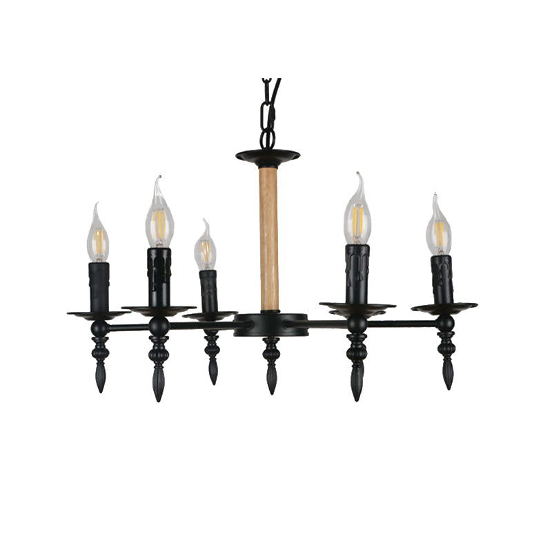 Black Finish Candle Chandelier - Antique Metal/Wood, 6 Heads - Restaurant Pendant Light