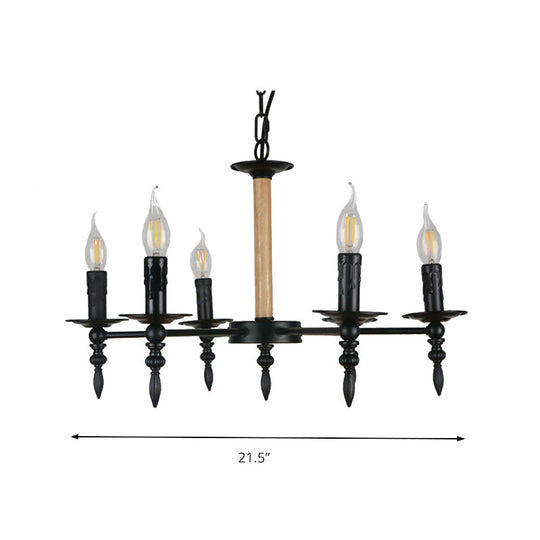 Vintage 6-Head Candle Chandelier Lamp Black Finish Metal & Wood Pendant Light For Restaurants