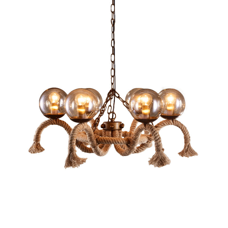 Retro Rust 6-Light Chandelier With Grey Glass Shade - Global Design Rope Suspension