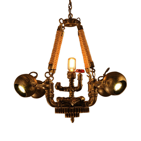 Retro Bronze Metal And Rope Hanging Pendant Chandelier - 5 Lights Ball Global Shade Ideal For Bars
