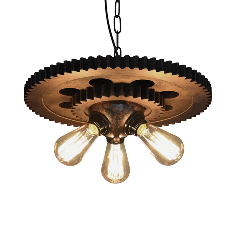 Retro Industrial 3-Head Pendant Light with Dark Rust Finish - Exposed Bulbs, Metal Construction, and Gear Decoration - Ideal for Restaurants' Chandelier Lighting