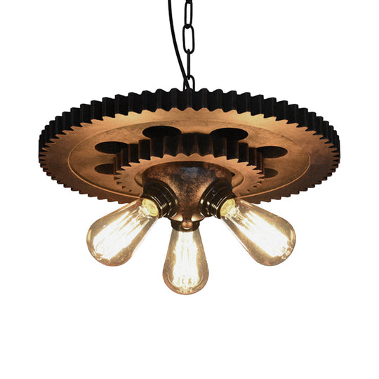 Industrial 3-Head Rust Pendant Light With Exposed Bulbs And Gear Decoration For Restaurants