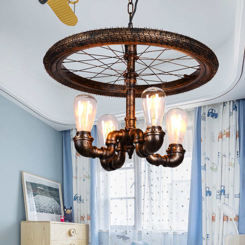 Vintage Metal Chandelier With 4 Lights - Exquisite Wheel Design For Stylish Living Room Décor Rust