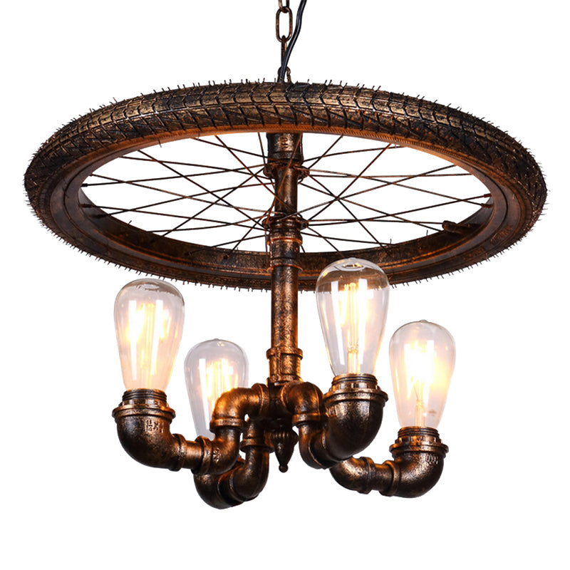 Vintage Metal Chandelier - 4 Lights Rust Pendant Light with Pipe, Wheel Design for Living Room