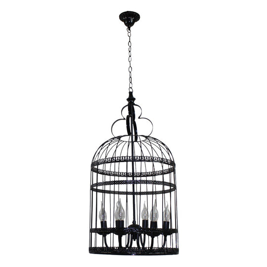 Industrial Style Bird Cage Hanging Light with Candle - Black Metallic Chandelier Lamp for Bedroom - 3/6 Bulbs