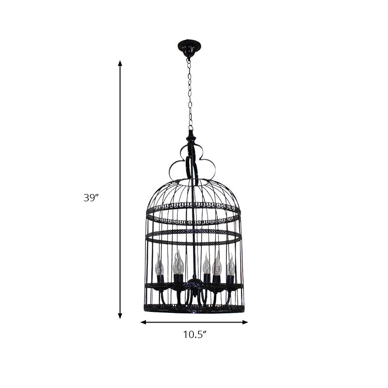 Industrial Style Bird Cage Hanging Light with Candle - Black Metallic Chandelier Lamp for Bedroom - 3/6 Bulbs