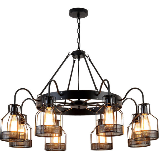 6/8-Headed Farmhouse Black Metal Chandelier With Cage Frame - Bell Hanging Lamp Light Fixture