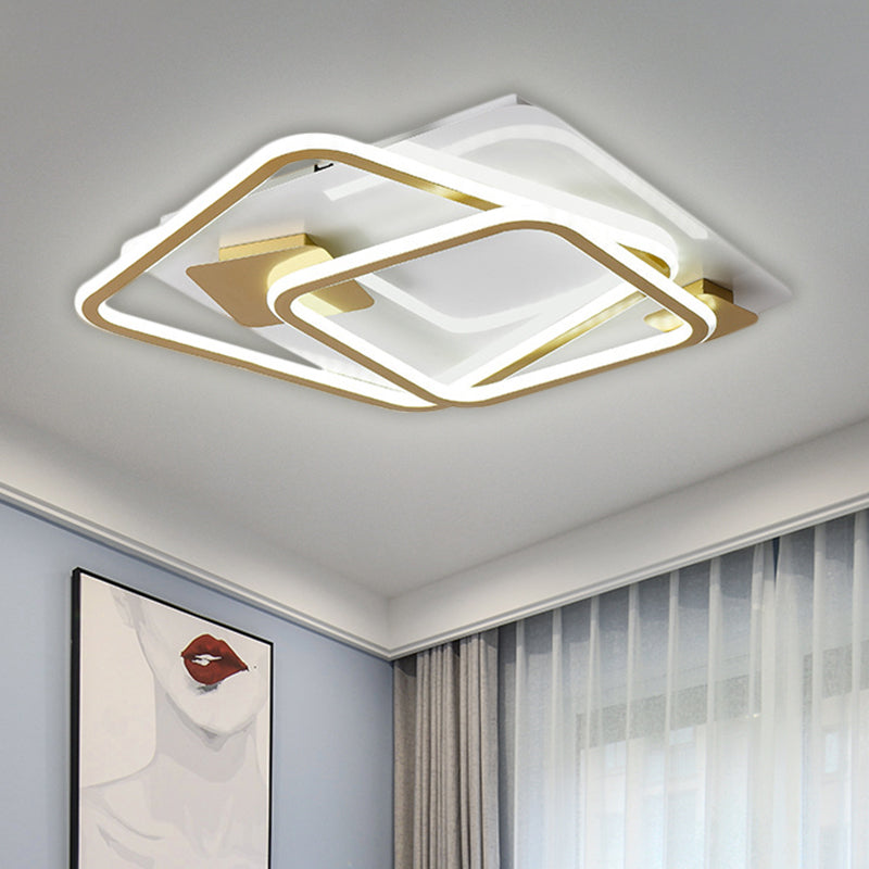 Gold Led Square Bedroom Ceiling Light - Semi Flush Mount With Metal Simplicity