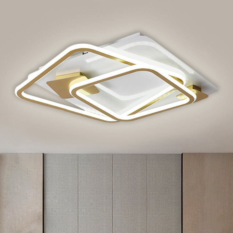 Gold Led Square Bedroom Ceiling Light - Semi Flush Mount With Metal Simplicity