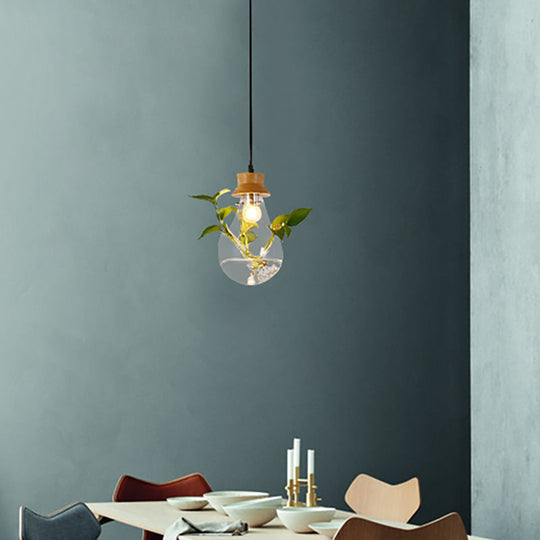 Industrial Clear Glass Dining Room Pendant Light Kit With Exposed Bulb And Wood Cap