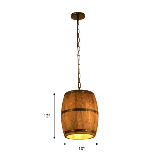 Industrial Wood Barrel Pendant Light In Brown - Creative Hanging Fixture