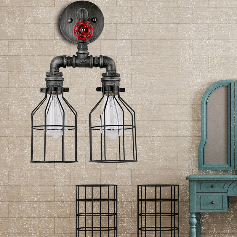 Farmhouse Caged Wall Sconce With Pipe Arm - 2-Light Wrought Iron Black Lamp