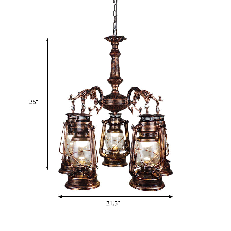 Antique Bronze/Copper Kerosene Pendant Chandelier with Clear Glass - 5 Lights Stylish Ceiling Fixture for Dining Room