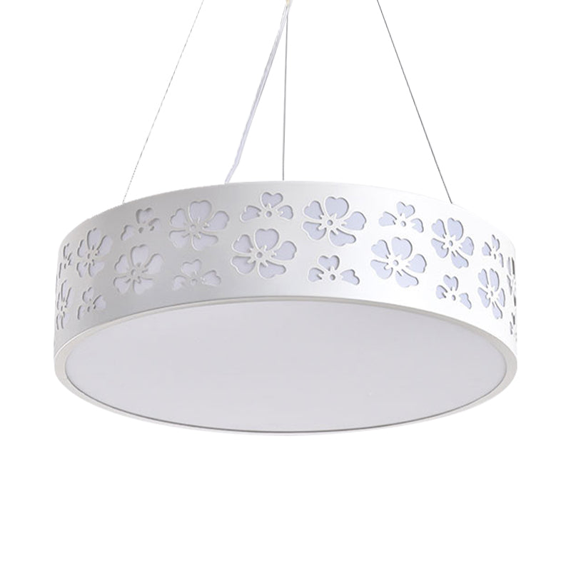 Nordic Metal LED Drum Hanging Light - White Ceiling Light with Etched Flower, 12"/15"/19" Wide (White/Warm/Natural Light)