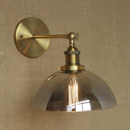 Industrial Brass Dome Wall Lamp With White/Clear/Amber Glass Sconce Smoke Gray