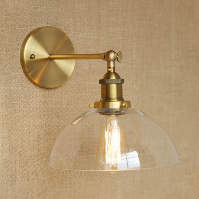 Industrial Brass Dome Wall Lamp With White/Clear/Amber Glass Sconce Clear