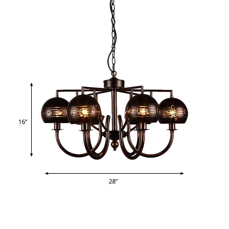 Retro 6-Light Rust Pendant Chandelier with Musical Note Metal – Ideal for Restaurants