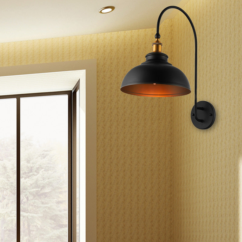 Black Industrial Style Wall Sconce With Bowl Shade & Arched Arm - Bedside Lighting Solution
