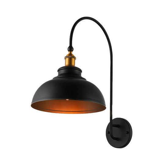 Black Industrial Style Wall Sconce With Bowl Shade & Arched Arm - Bedside Lighting Solution