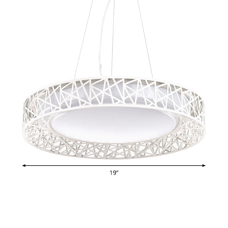 Nordic Metal LED Drum Pendant Light with Hollow Design, 12"/15"/19" Wide, in White/Warm/Natural Light