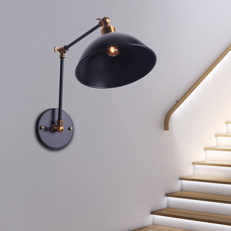 Vintage Swing Arm Wall Sconce Light With Bowl Shade - Black Metal Perfect For Stairways