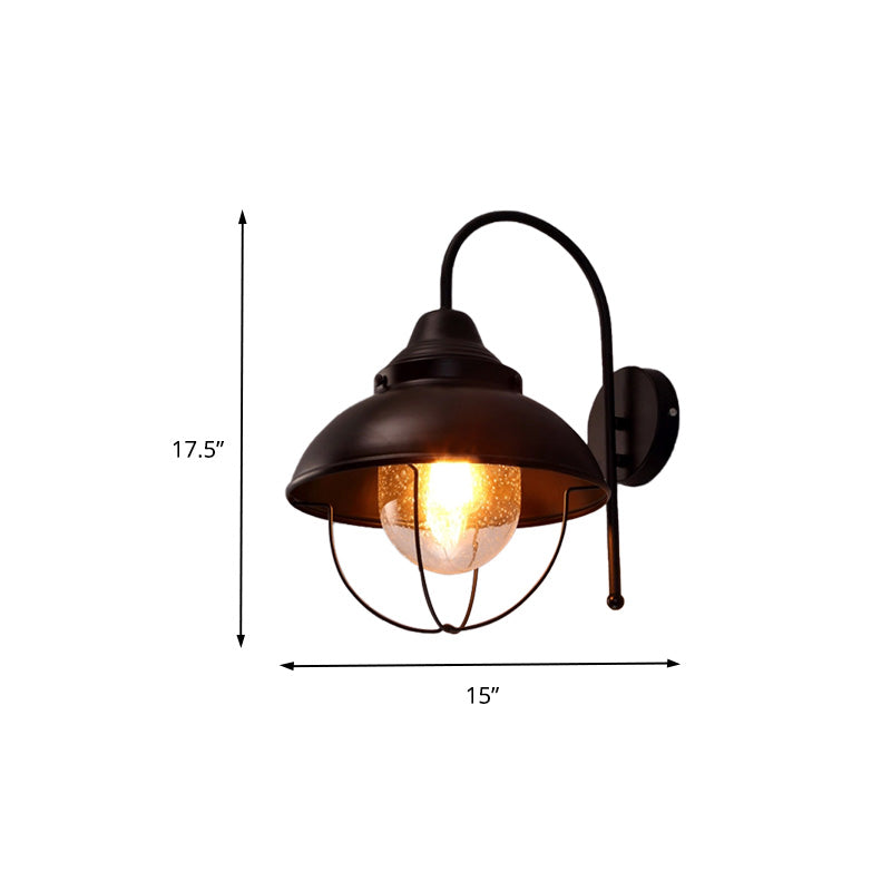 Black Farmhouse Dome Wall Light Fixture With Cage - Seeded Glass Shade 1 Metal Sconce