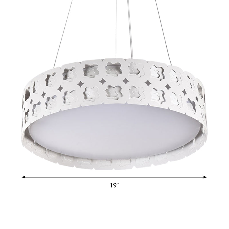 Contemporary Etched Flower Pendant Light - Led Metal Lamp In White/Warm 14/19 Wide
