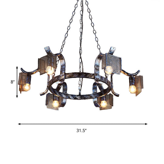 Iron Ring Hanging Light With Mesh Screen 6 Heads Rustic Pendant In Antique Black For Bar