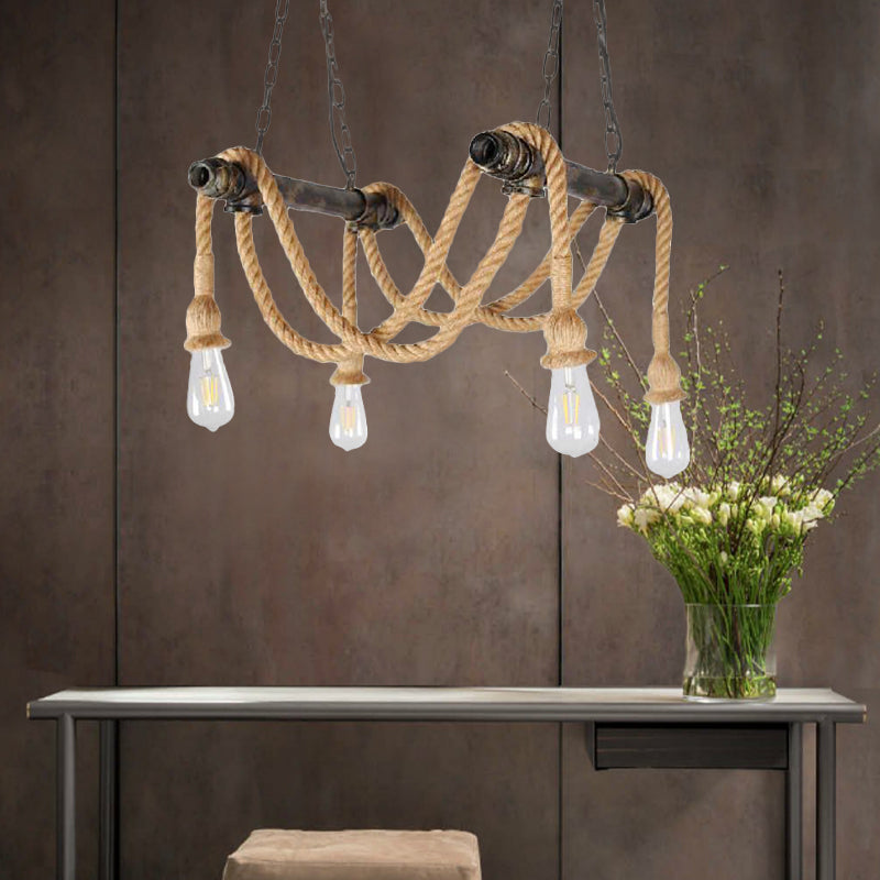 Wrought Iron Bronze Chandelier Lamp with Hemp Rope for Bar - Antique Style, 4 Lights, Open Bulb Suspension Light