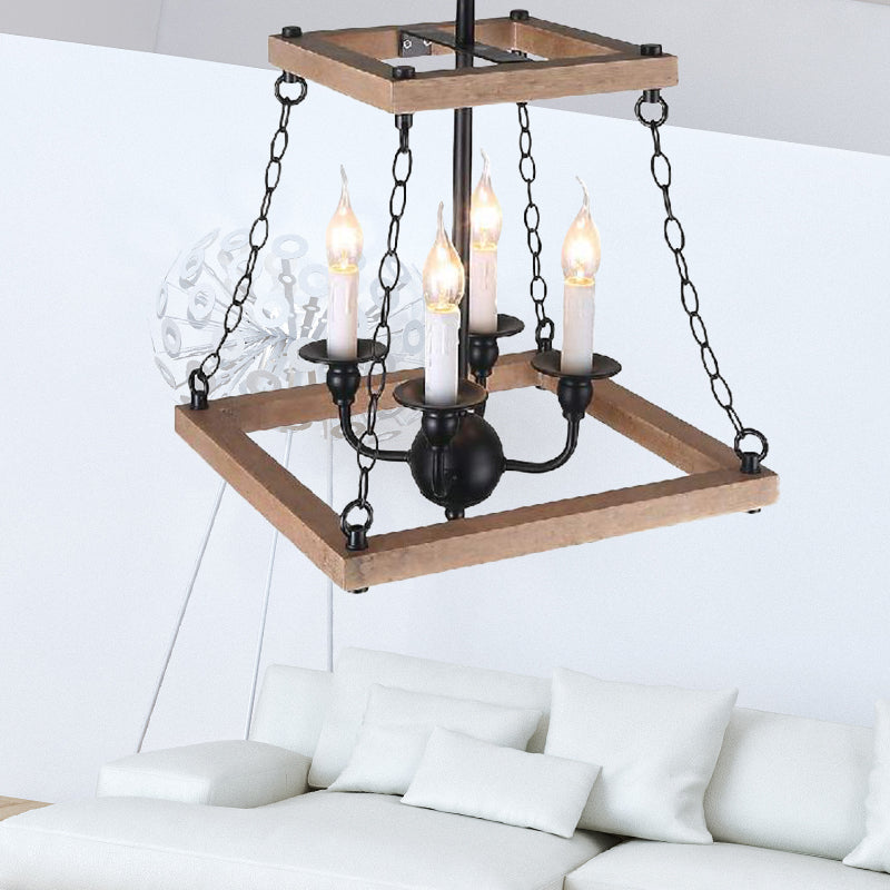 Trapezoid Chandelier Lamp - Brown Farmhouse Style With Flameless Candle Metal & Wood 4-Light Kitchen