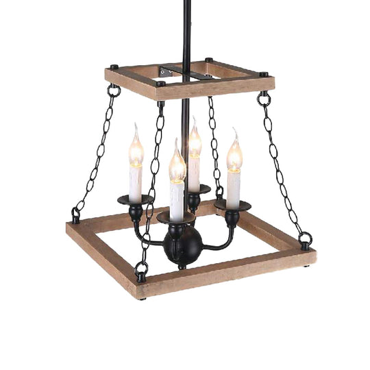 Trapezoid Chandelier Lamp - Brown Farmhouse Style With Flameless Candle Metal & Wood 4-Light Kitchen