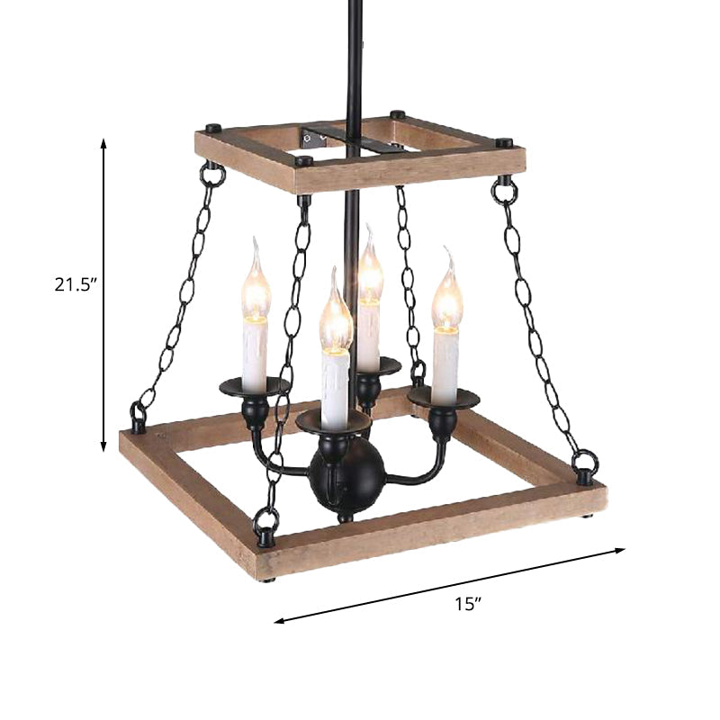 Farmhouse Metal and Wood Trapezoid Chandelier with Flameless Candle - 4-Light Hanging Lamp