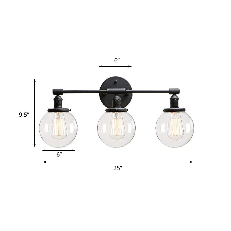 Outdoor Industrial Black Sconce Light With Clear Glass Bubble Shade 3 Lights Fixture