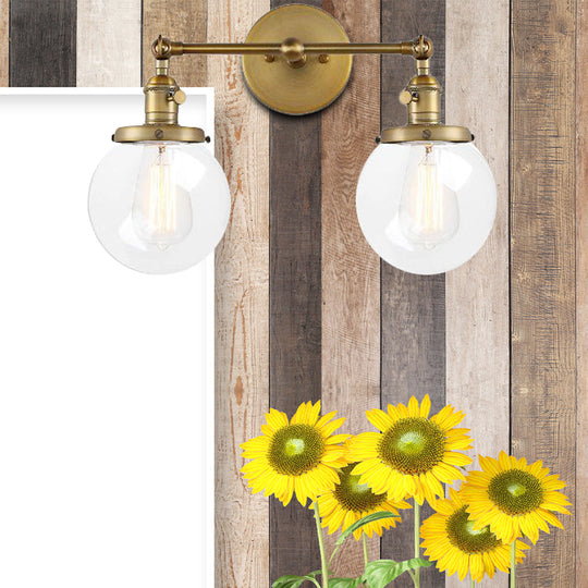 Industrial Clear Glass Wall Sconce With 2 Lights For Living Or Study Room Brass