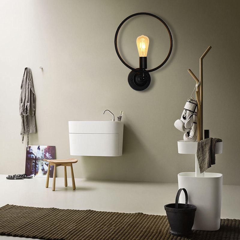 Industrial Style Metal Circular Bathroom Wall Sconce Light - 1 Bulb Black Finish