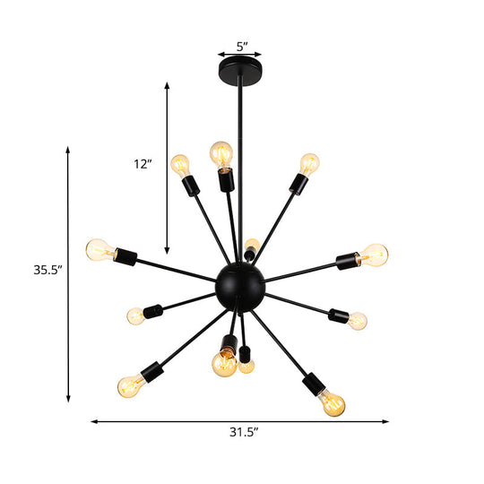 Industrial Black Sputnik Chandelier With 9/12 Lights - Retro Metal Pendant Fixture For Dining Room