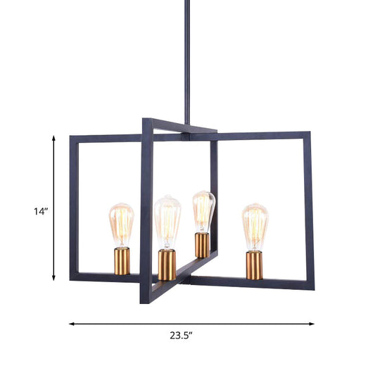 Industrial Rectangular Pendant Lighting: 4-Light Metal Hanging Light In Black For Kitchen